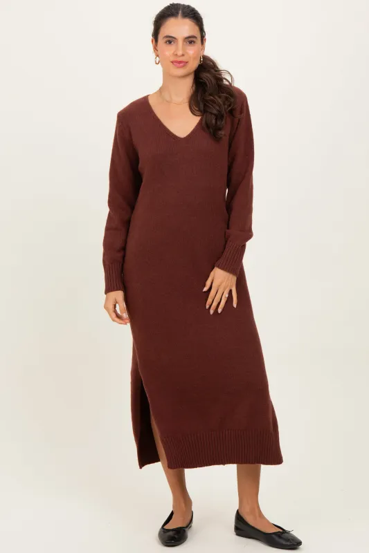 Brown V-Neck Relaxed Fit Sweater Dress sold by Pinkblush