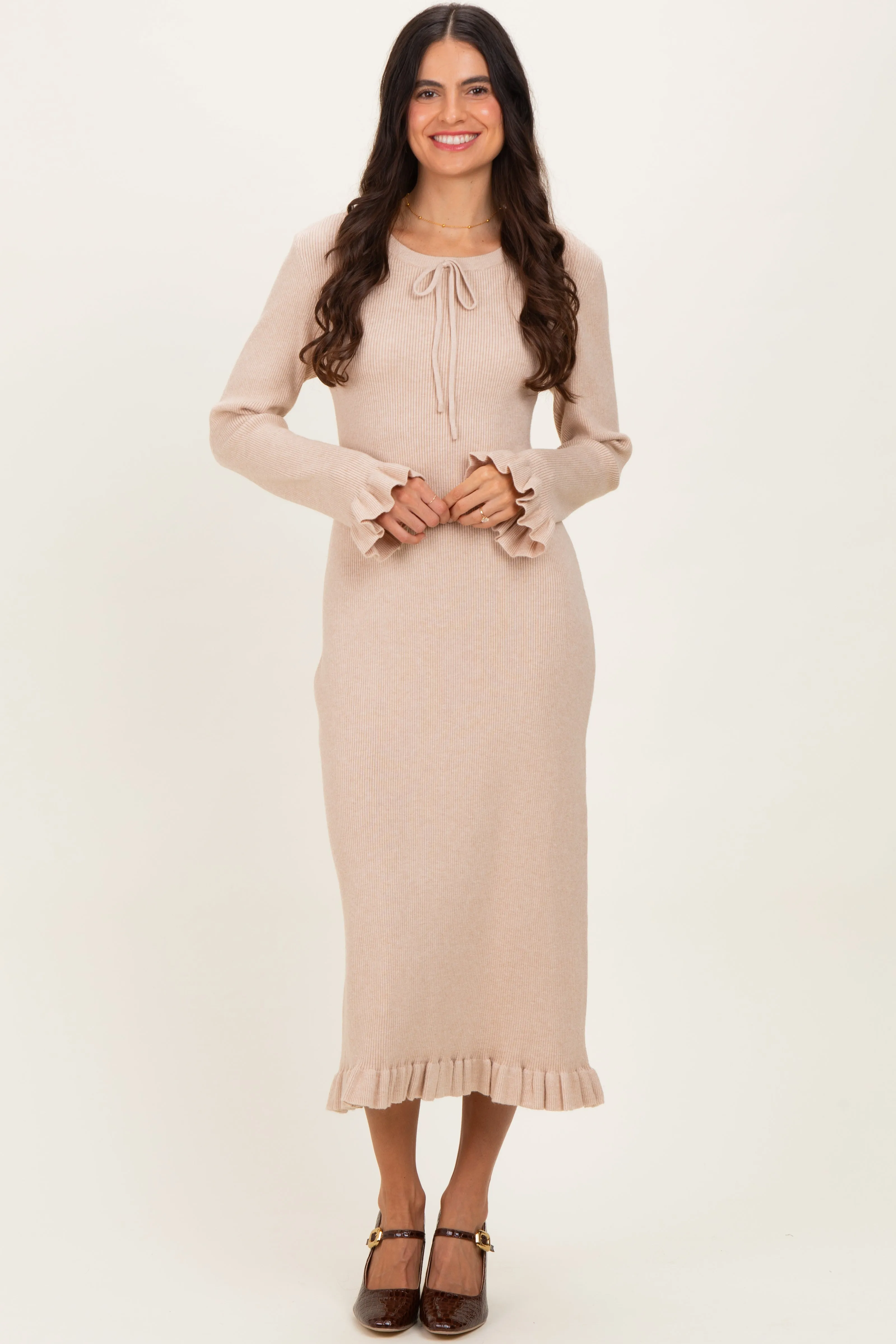Beige Ribbed Knit Ruffle Trim Midi Sweater Dress sold by Pinkblush product image thumbnail 2