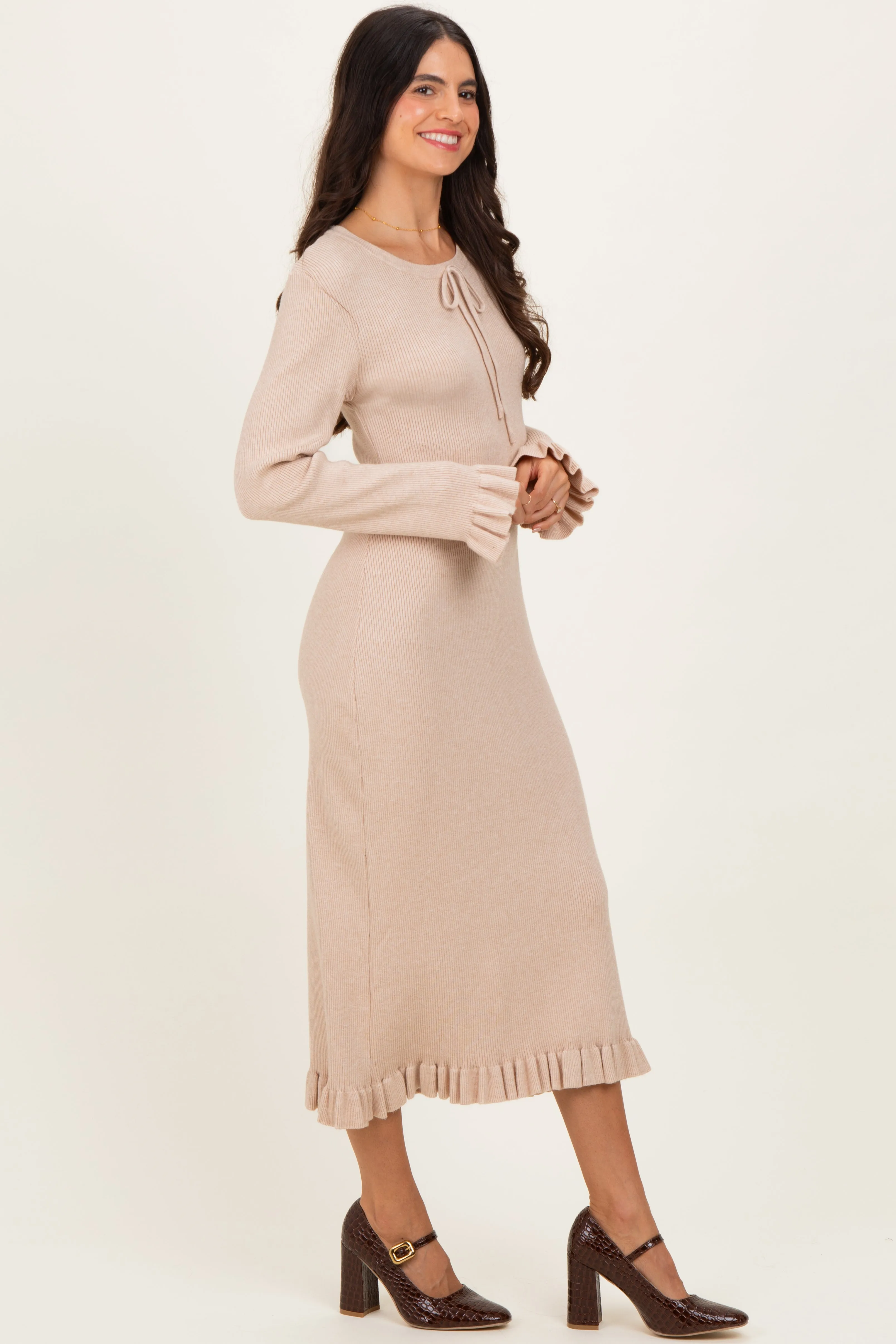 Beige Ribbed Knit Ruffle Trim Midi Sweater Dress sold by Pinkblush product image thumbnail 3