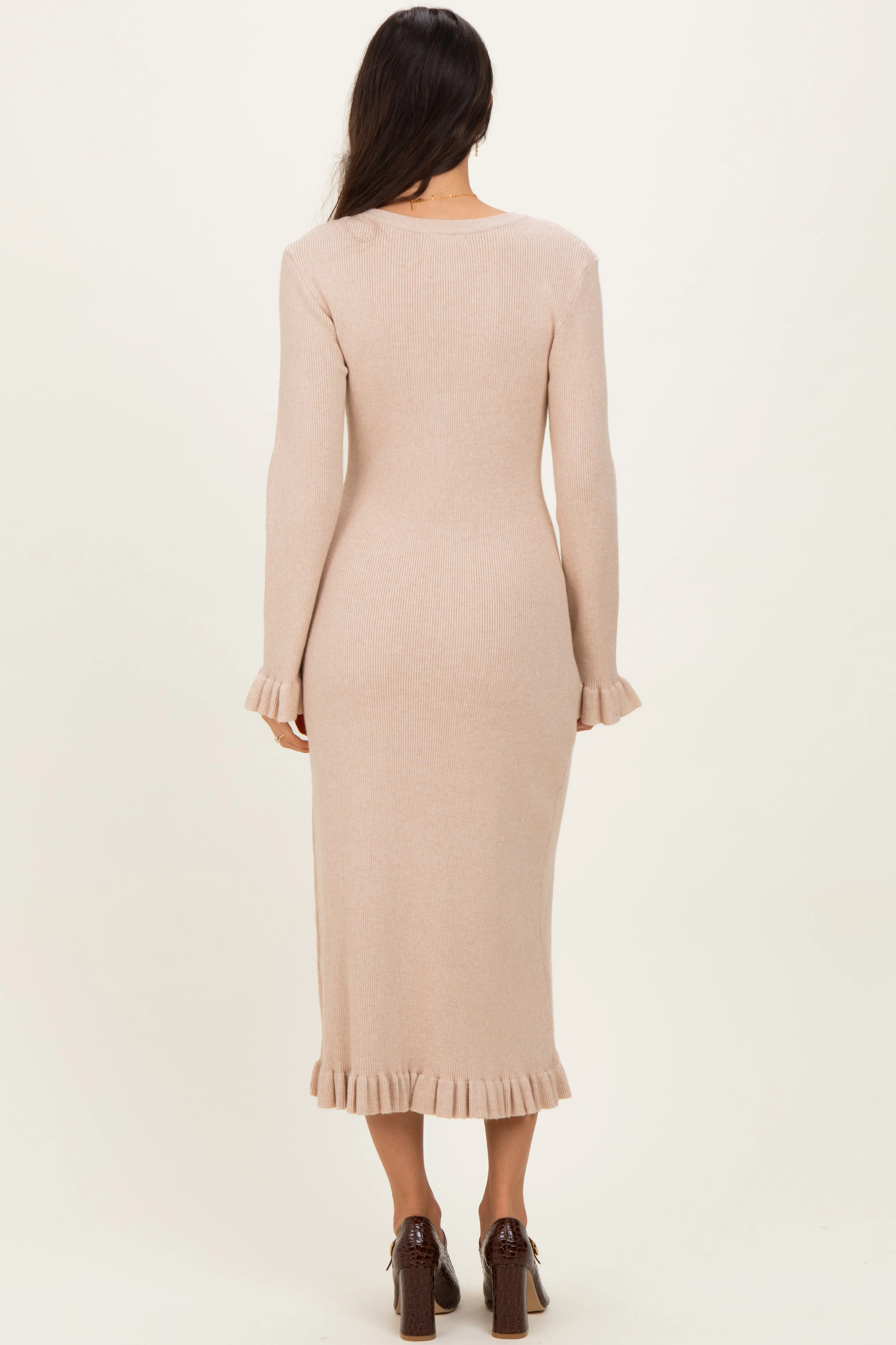 Beige Ribbed Knit Ruffle Trim Midi Sweater Dress sold by Pinkblush product image thumbnail 4