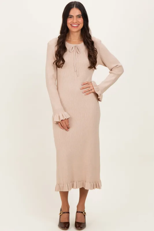 Beige Ribbed Knit Ruffle Trim Midi Sweater Dress sold by Pinkblush