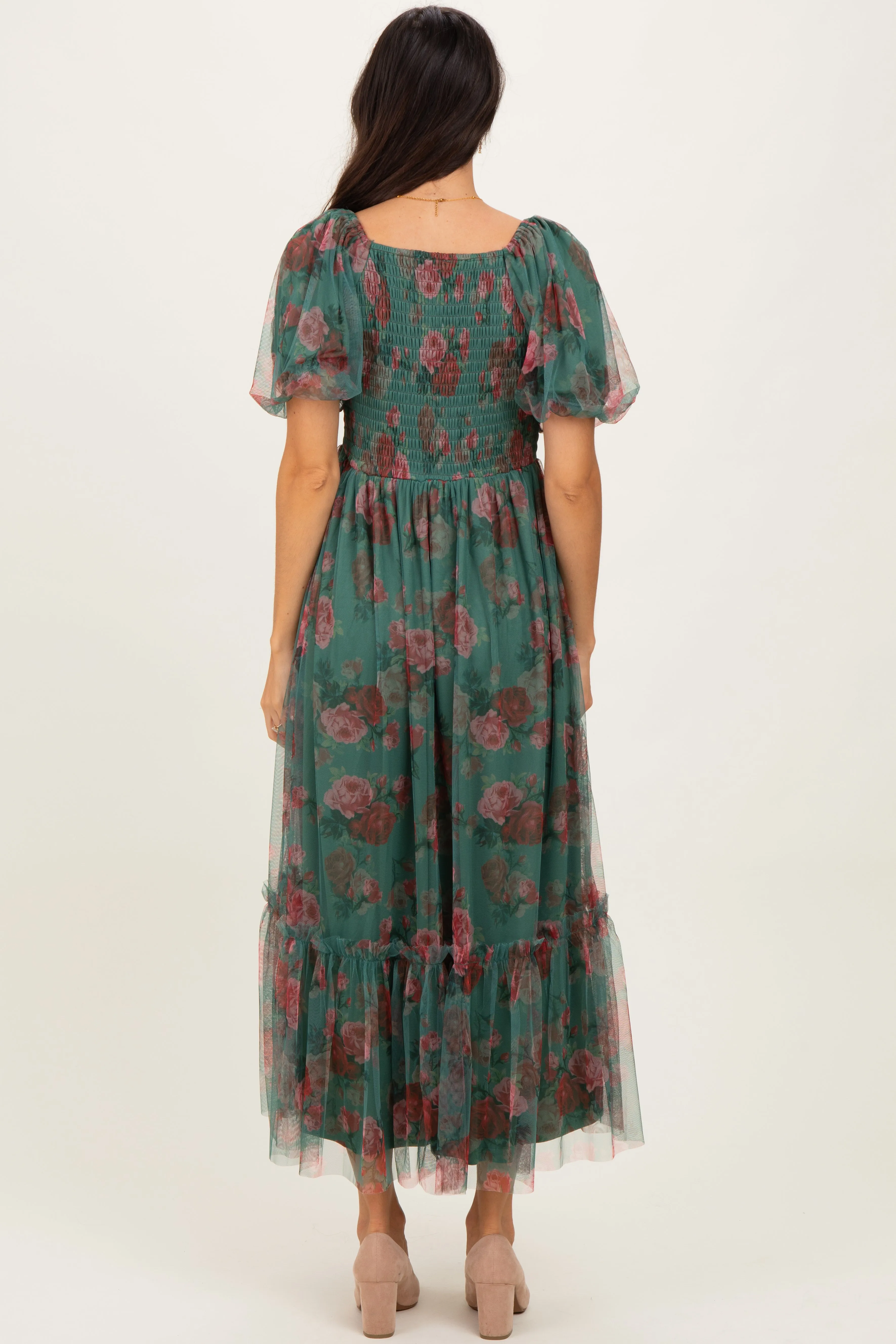 Forest Green Rose Print Tulle Overlay Midi Dress sold by Pinkblush product image thumbnail 4