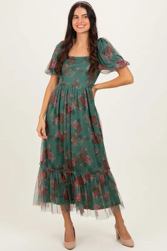 Forest Green Rose Print Tulle Overlay Midi Dress sold by Pinkblush