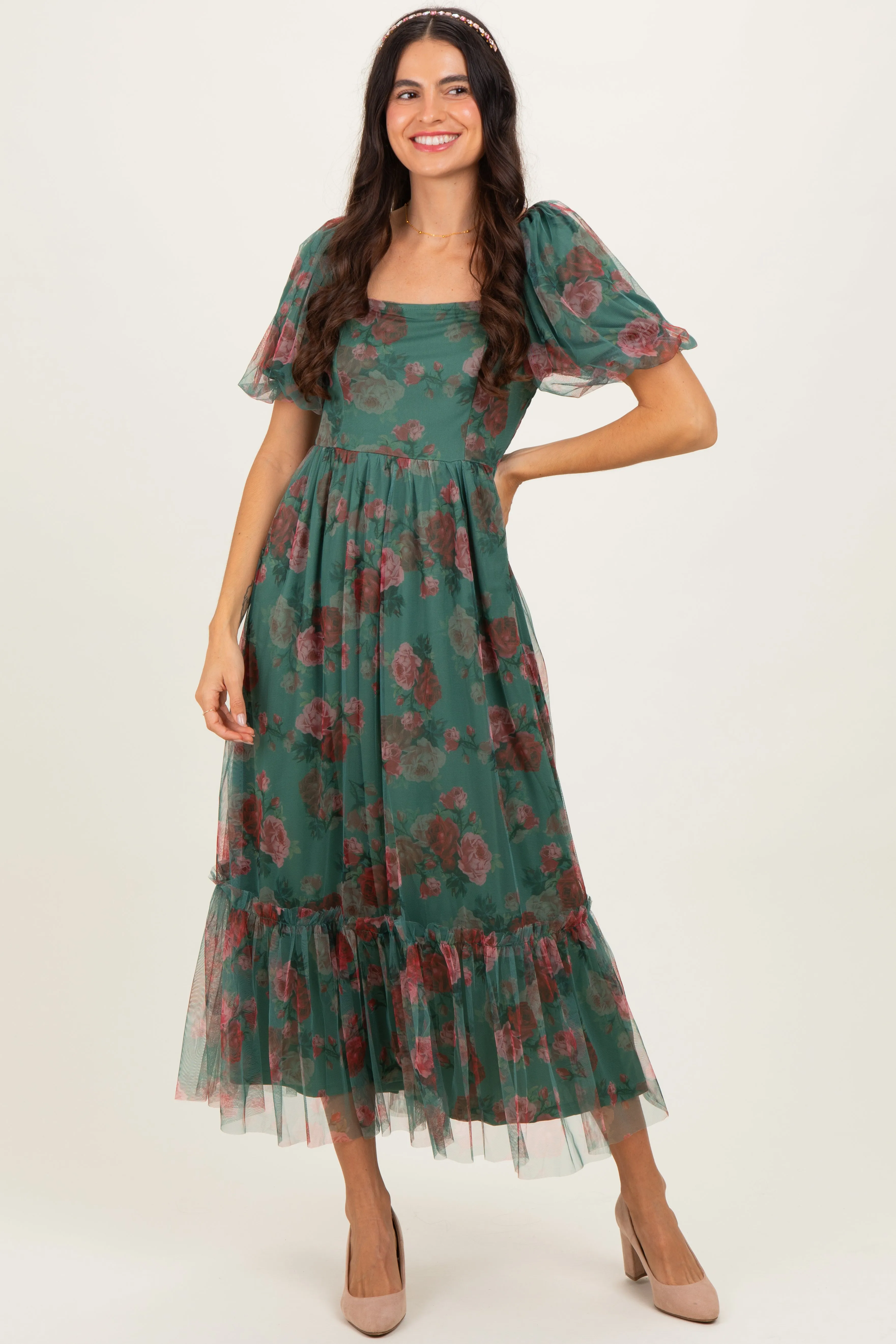 Forest Green Rose Print Tulle Overlay Midi Dress sold by Pinkblush