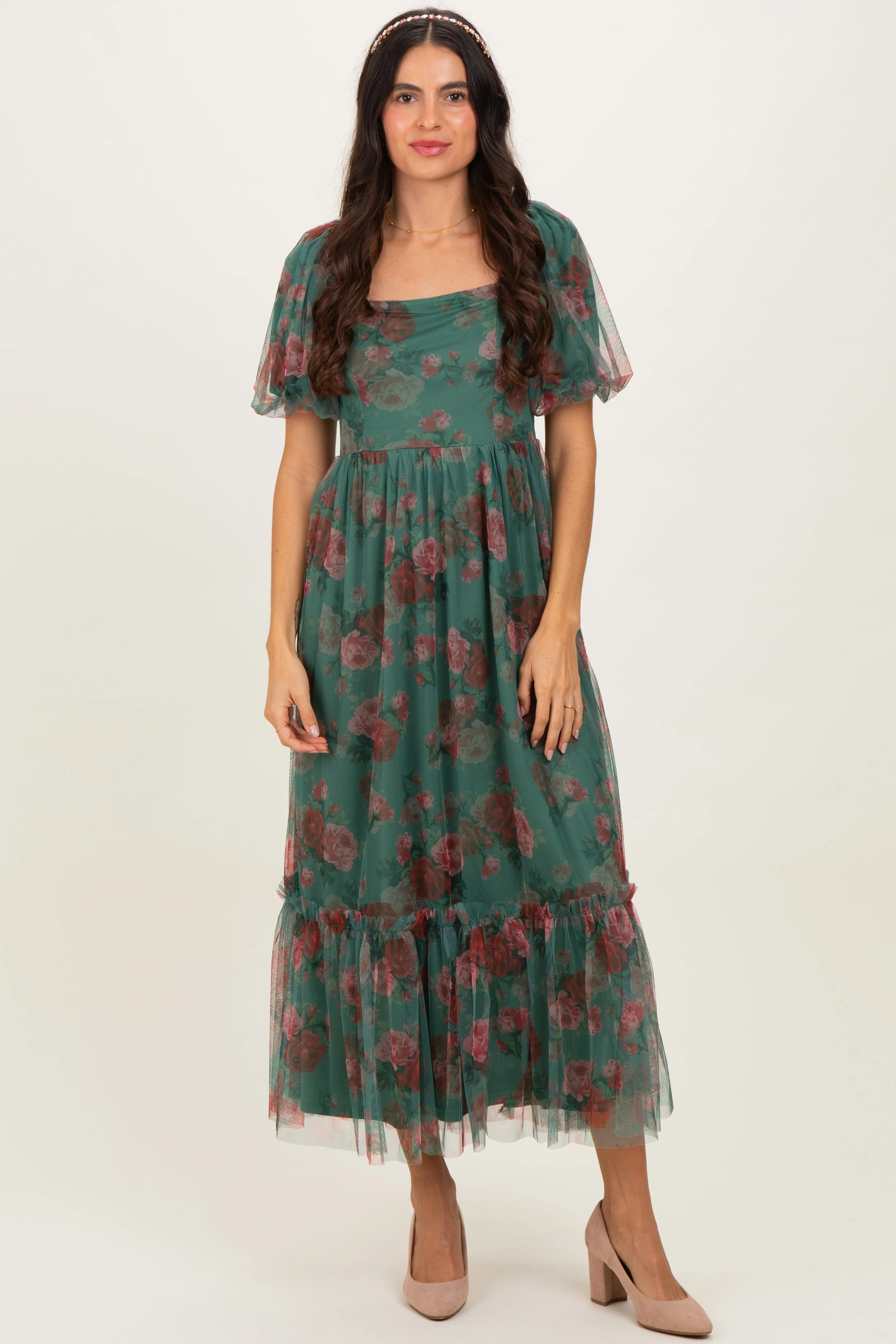 Forest Green Rose Print Tulle Overlay Midi Dress sold by Pinkblush product image thumbnail 2