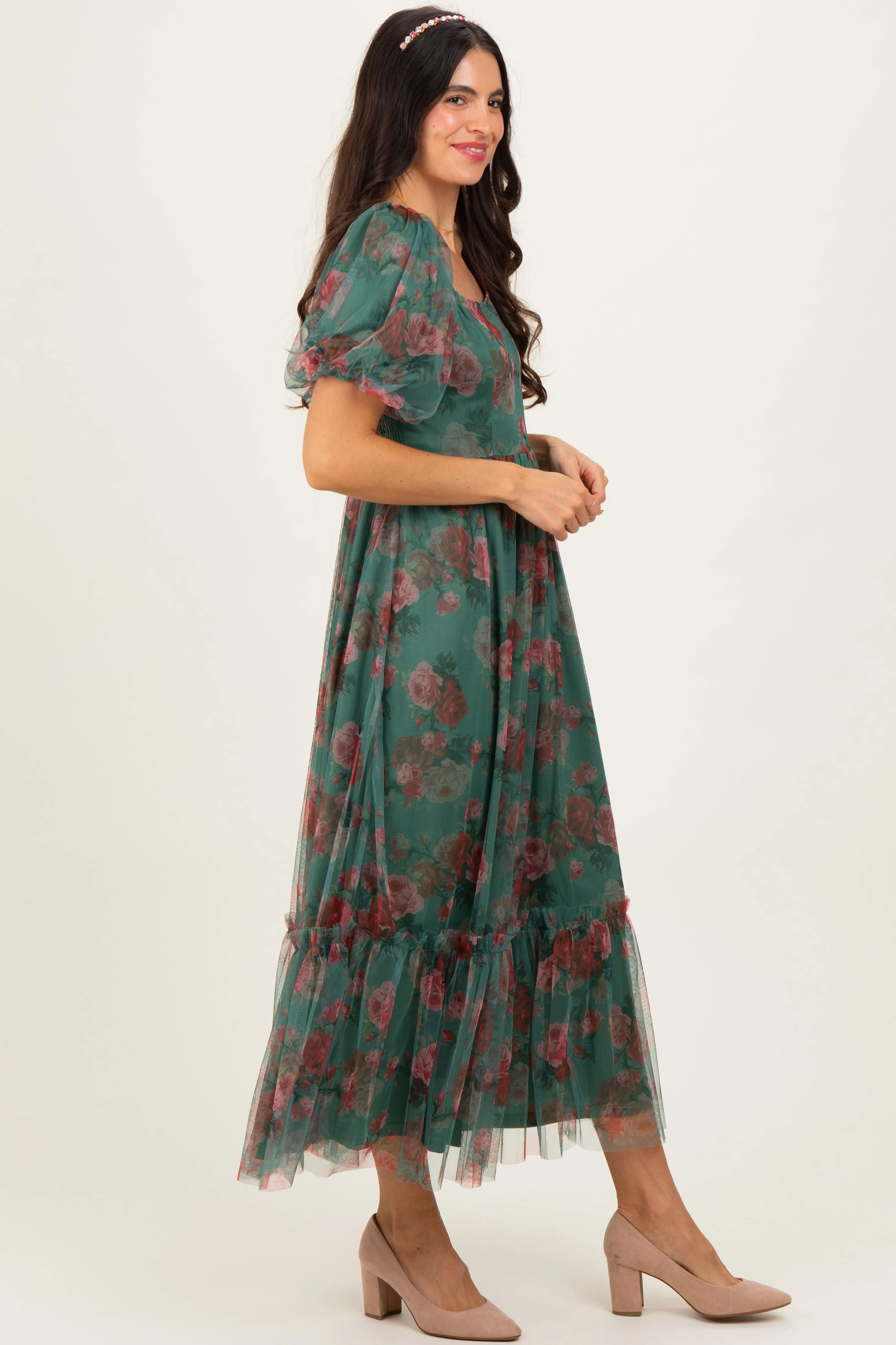 Forest Green Rose Print Tulle Overlay Midi Dress sold by Pinkblush product image thumbnail 3