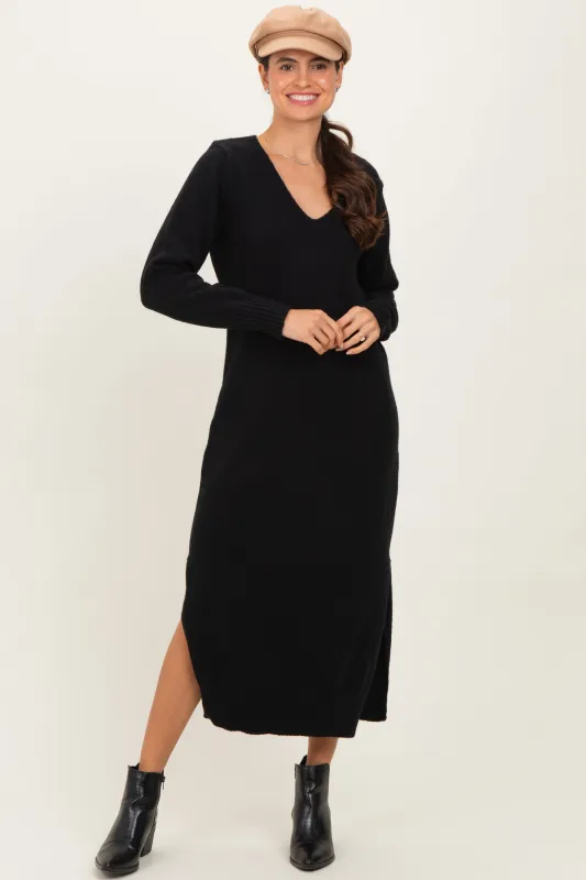 Black V-Neck Relaxed Fit Sweater Dress sold by Pinkblush