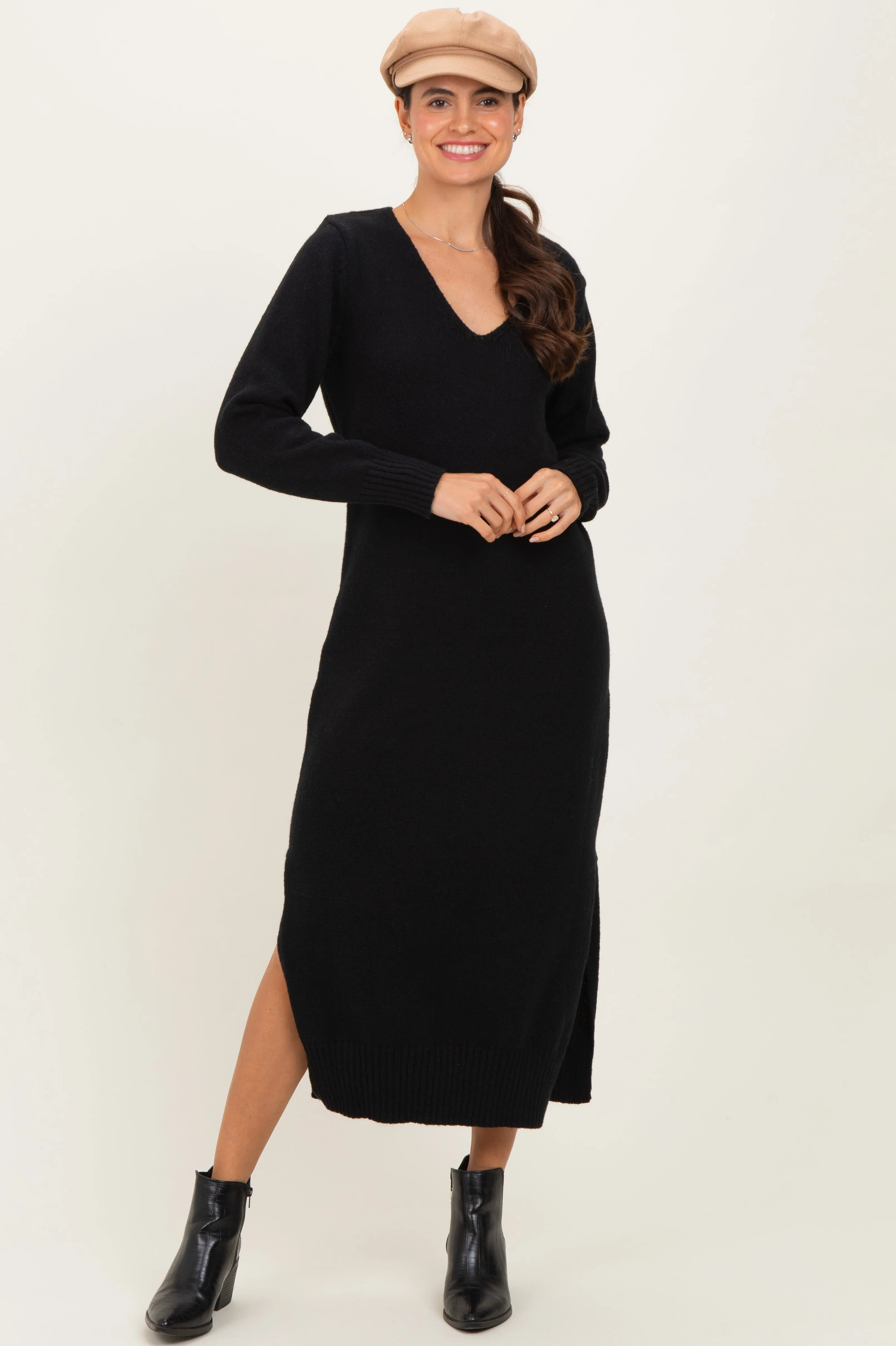 Black V-Neck Relaxed Fit Sweater Dress sold by Pinkblush