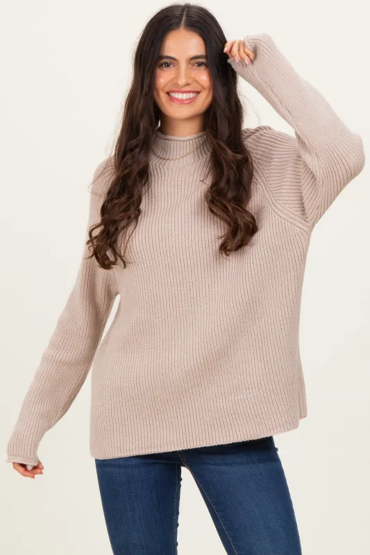 Beige Mock Neck Ribbed Knit Basic Sweater Top sold by Pinkblush