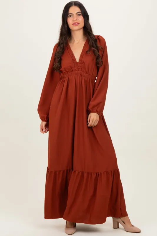 Rust Long Sleeve V-Neck Tiered Maxi Dress sold by Pinkblush