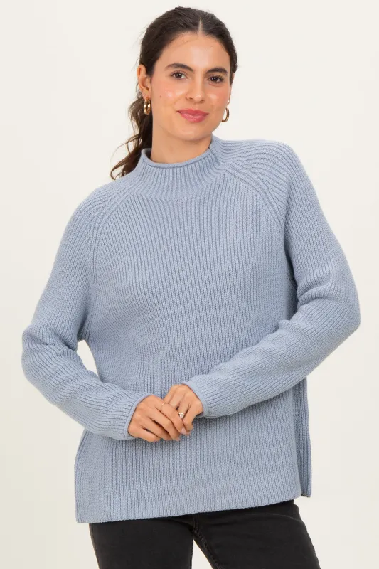 Light Blue Mock Neck Ribbed Knit Basic Sweater Top sold by Pinkblush