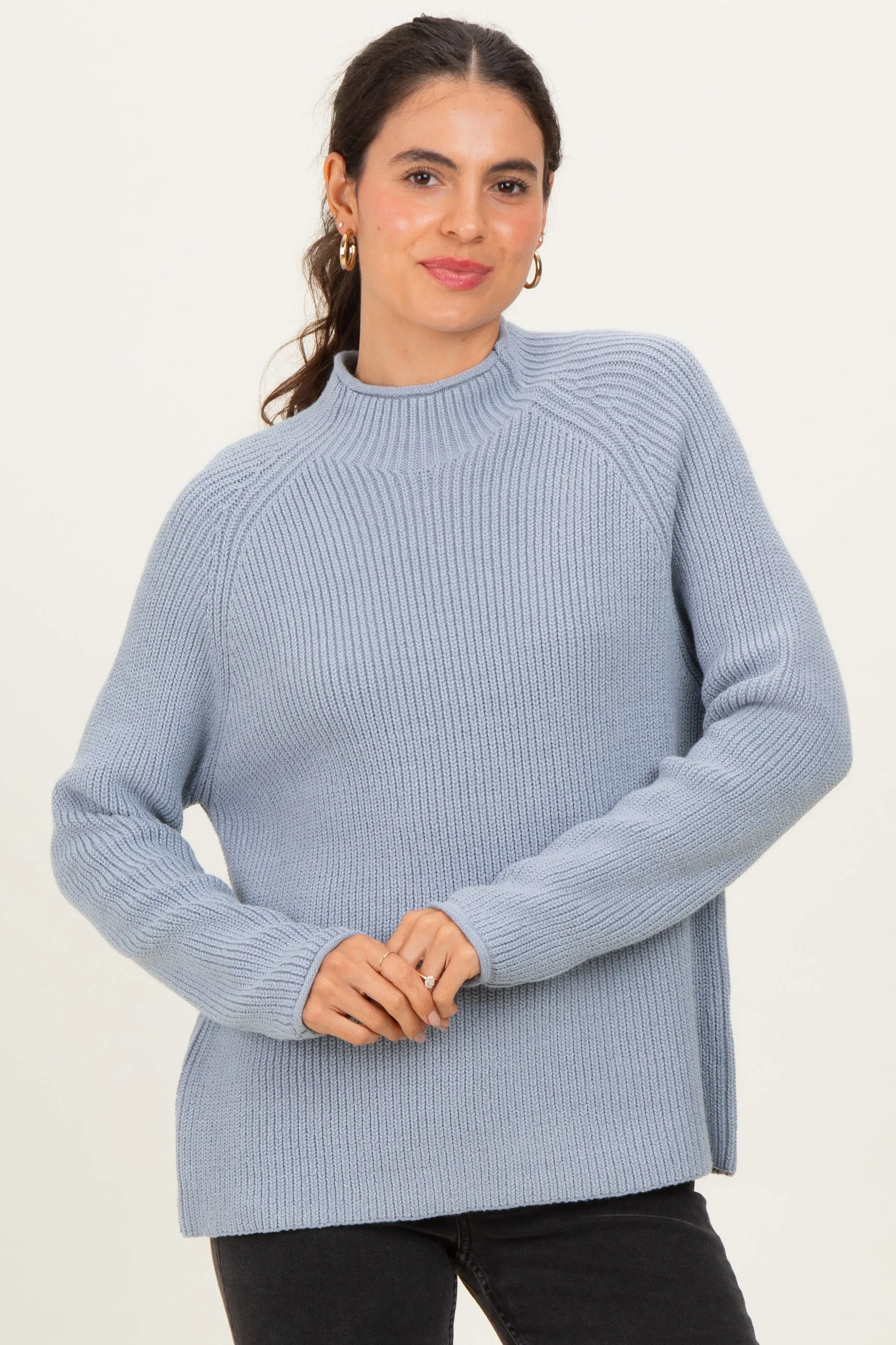 Light Blue Mock Neck Ribbed Knit Basic Sweater Top sold by Pinkblush