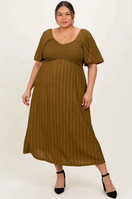 Olive Smocked V-Neck Short Puff Sleeve Textured Plus Midi Dress sold by Pinkblush