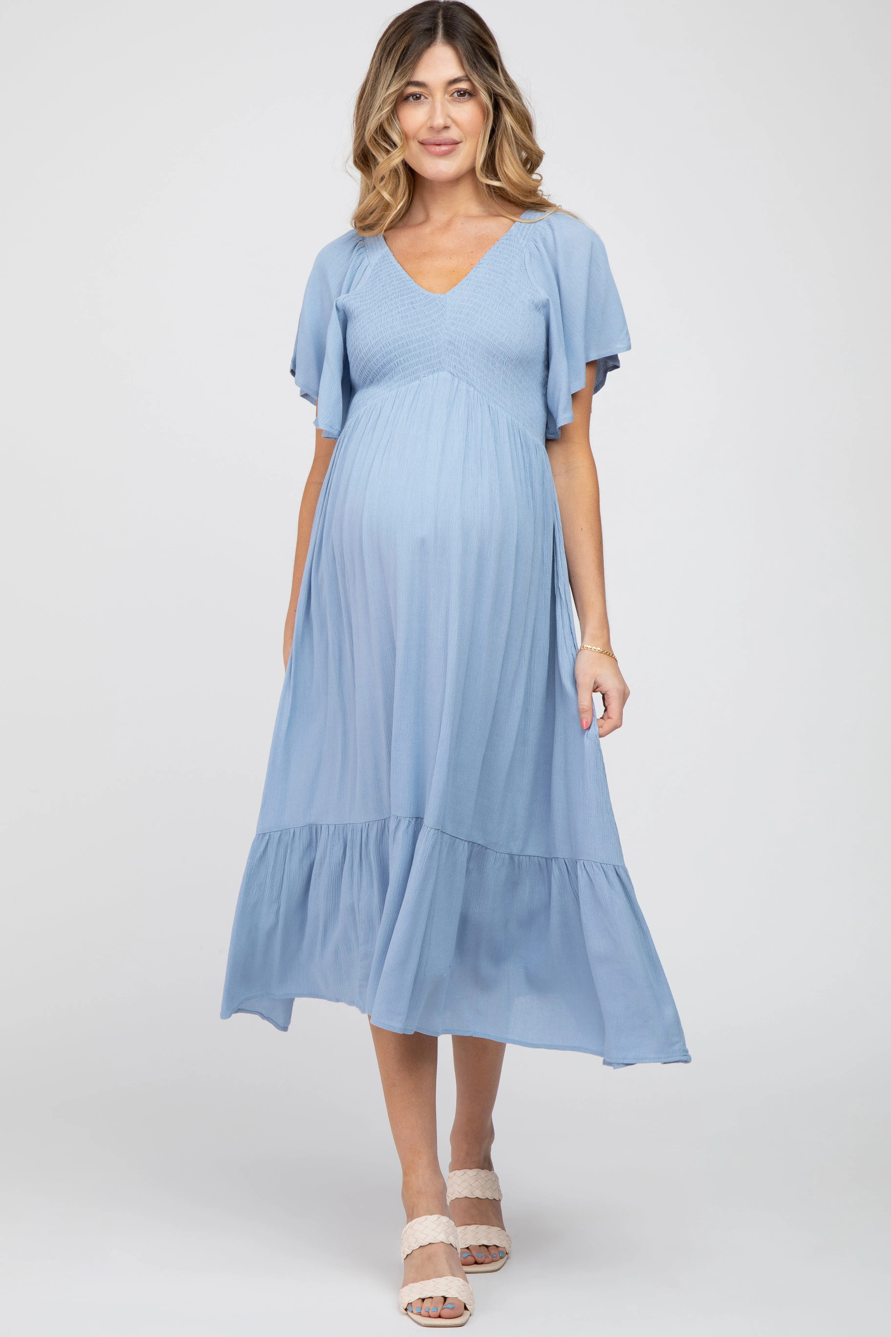 Blue Smocked Ruffle Maternity Dress sold by Pinkblush