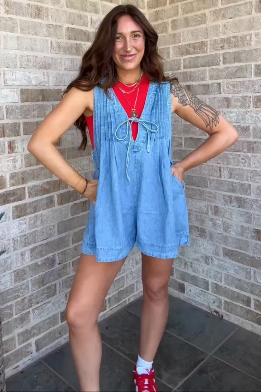 Light Blue Deep V-Neck Pleated Front Tie Sleeveless Romper made by Veveret