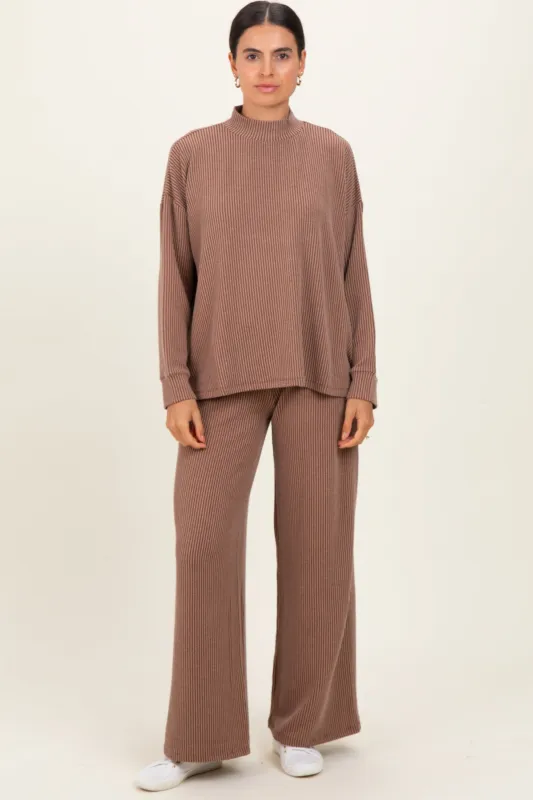 Mocha Textured Rib Mock Neck Long Sleeve Pants Set sold by Pinkblush