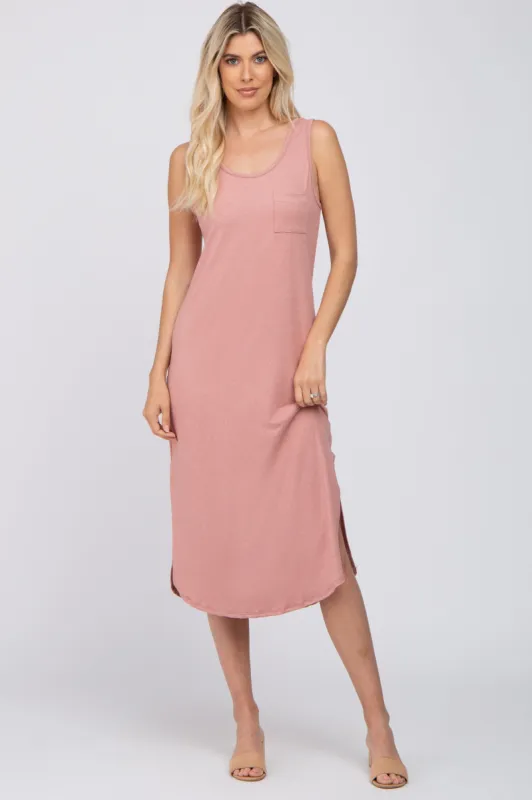 Mauve Heathered Sleeveless Pocket Front Midi Dress sold by Pinkblush