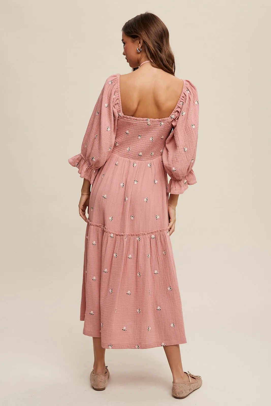 Deep Rose Ditzy Floral Embroidery Puff Sleeve Maxi Dress sold by Pinkblush product image thumbnail 4