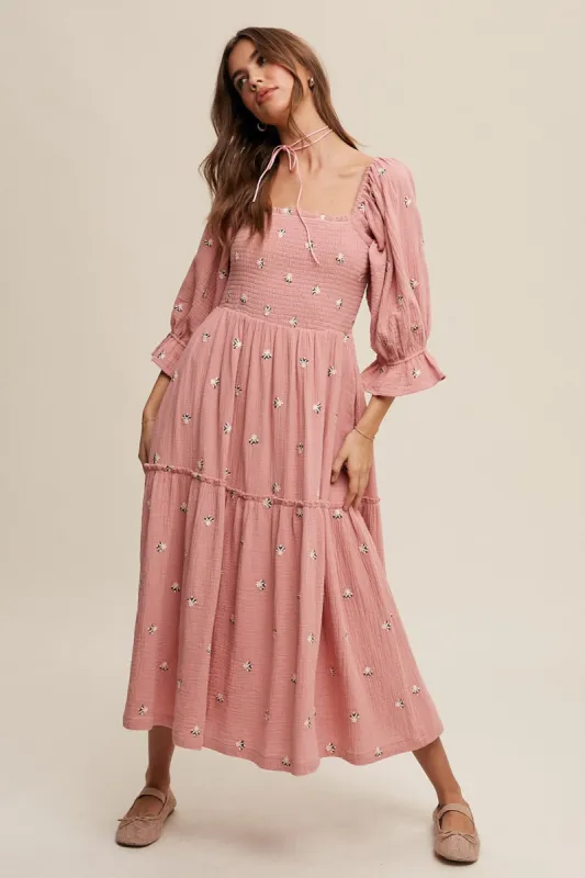 Deep Rose Ditzy Floral Embroidery Puff Sleeve Maxi Dress sold by Pinkblush