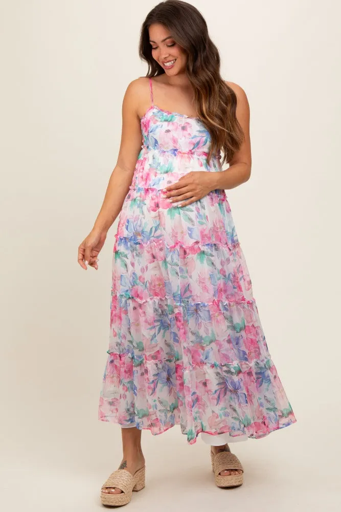 Multicolor Floral Chiffon Ruffle Tiered Maternity Maxi Dress sold by Pinkblush