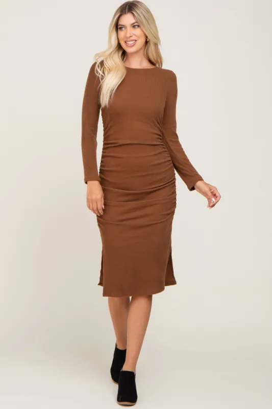 Brown Ribbed Ruched Fitted Midi Dress sold by Pinkblush