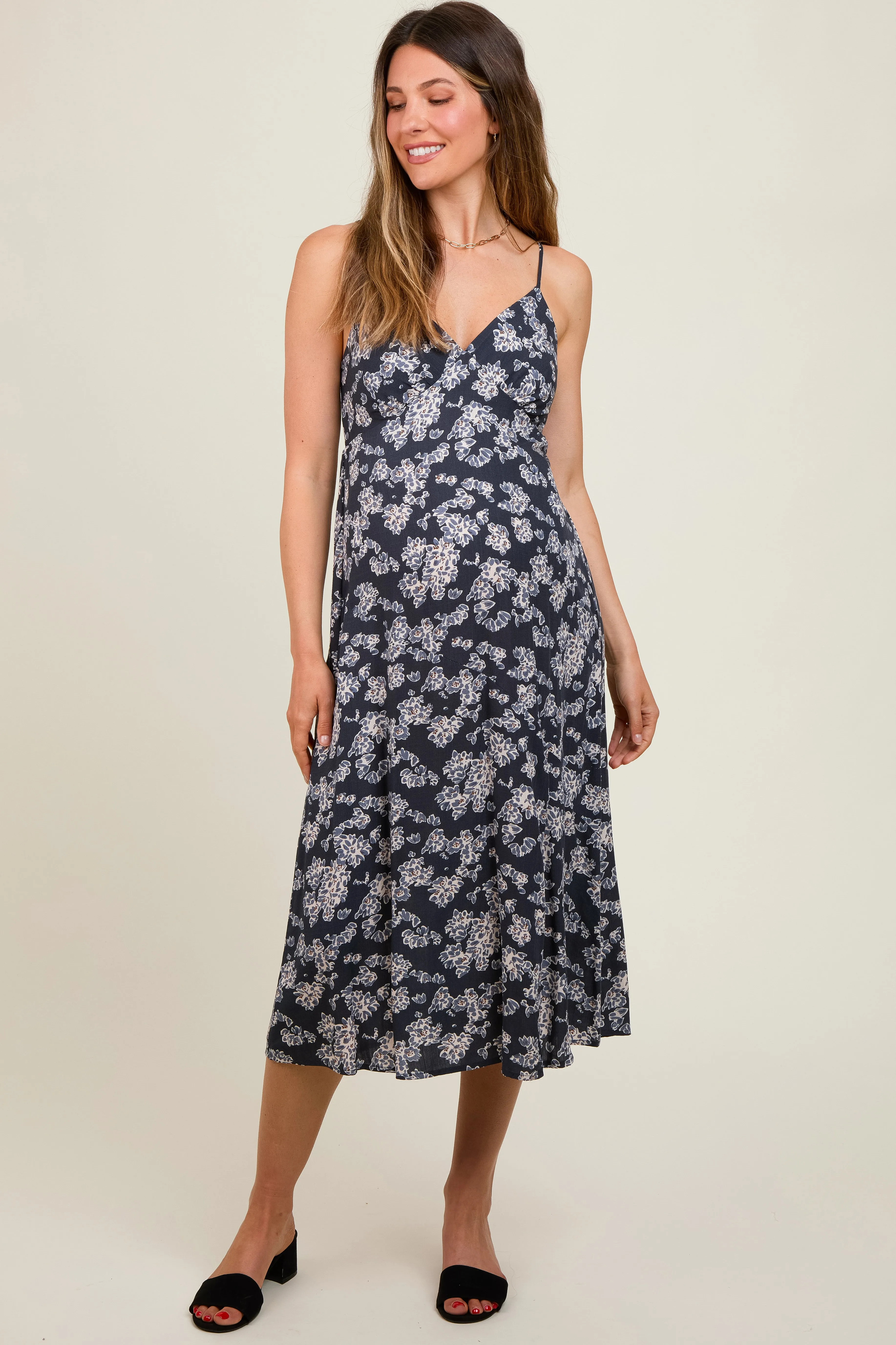 Navy Floral Side Slit Maternity Midi Dress sold by Pinkblush product image thumbnail 2