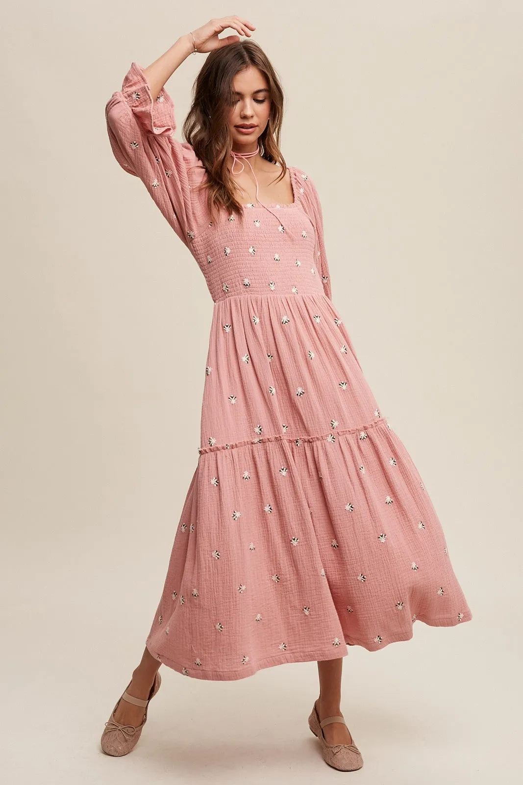 Deep Rose Ditzy Floral Embroidery Puff Sleeve Maxi Dress sold by Pinkblush product image thumbnail 2