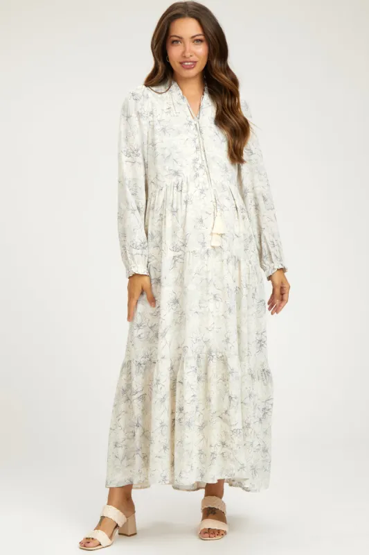 Gray Floral Tassel Tiered Long Sleeve Maternity Maxi Dress sold by Pinkblush