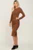 Brown Ribbed Ruched Fitted Midi Dress sold by Pinkblush