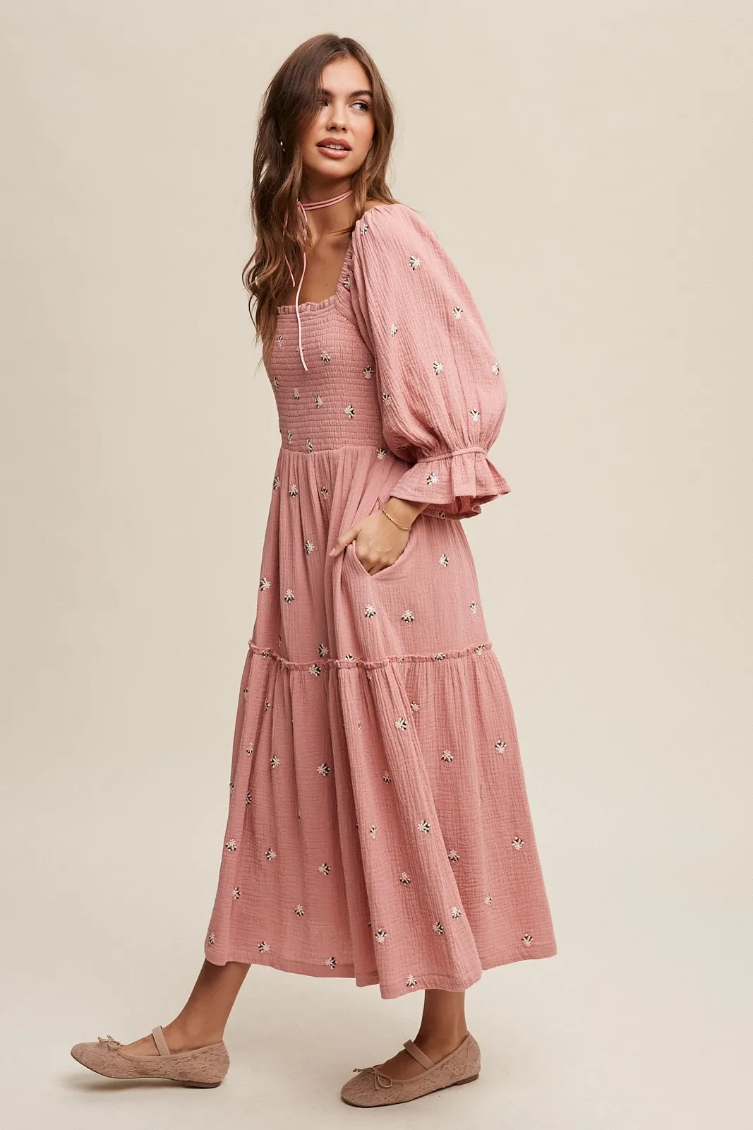 Deep Rose Ditzy Floral Embroidery Puff Sleeve Maxi Dress sold by Pinkblush product image thumbnail 3