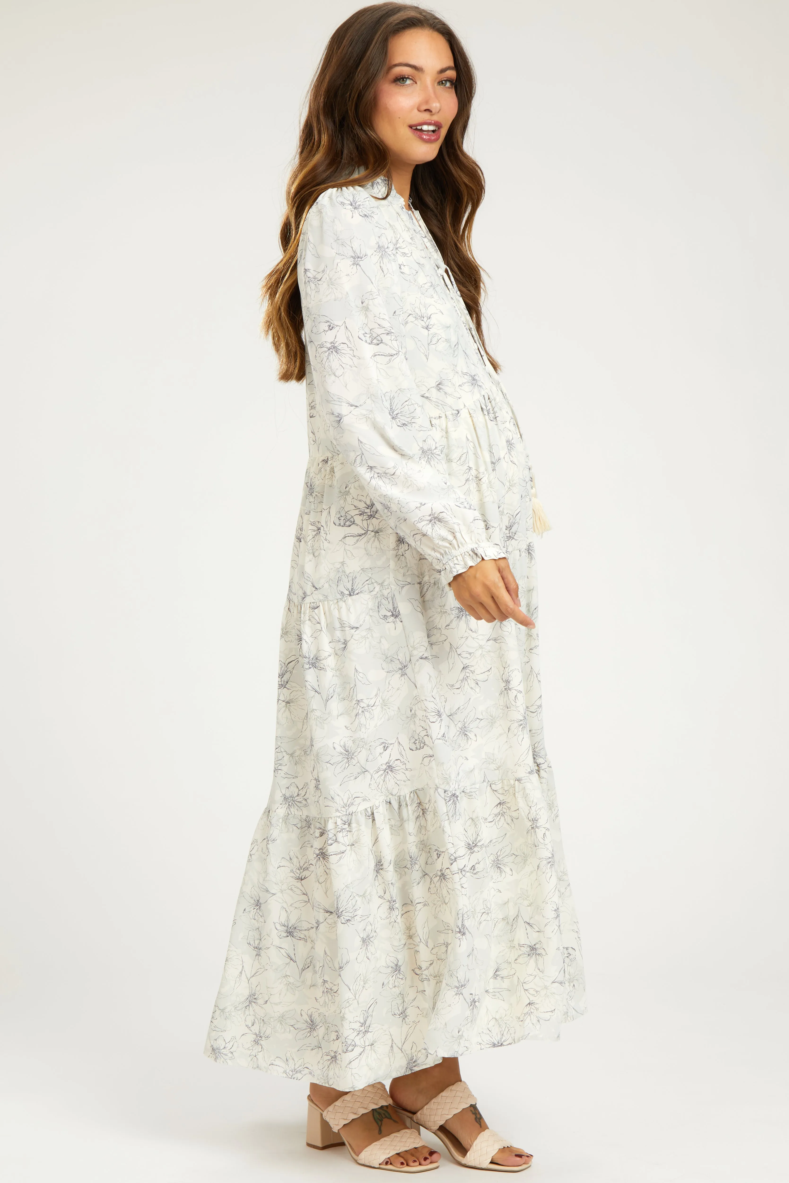 Gray Floral Tassel Tiered Long Sleeve Maternity Maxi Dress sold by Pinkblush product image thumbnail 2