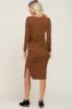 Brown Ribbed Ruched Fitted Midi Dress sold by Pinkblush
