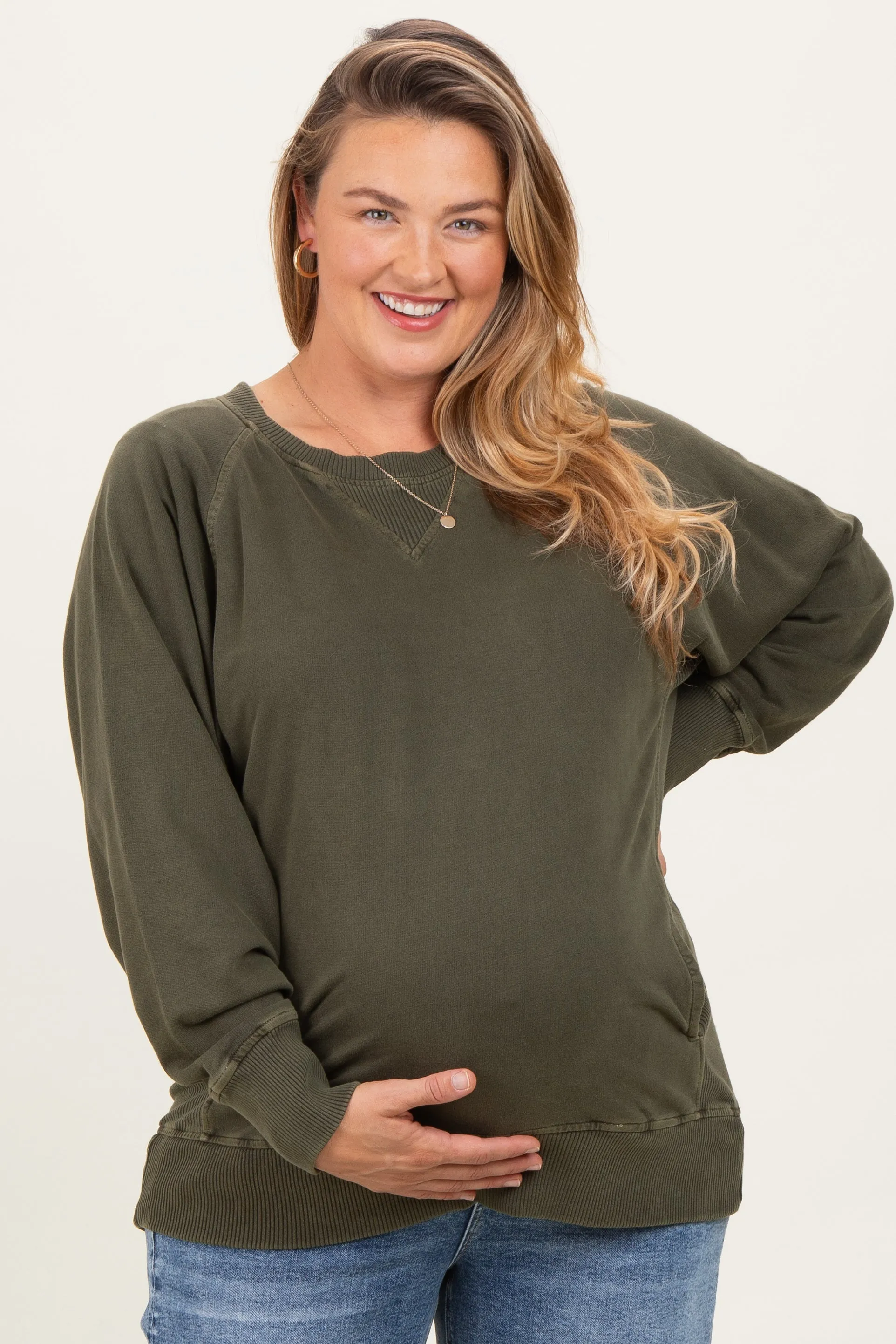 Olive Vintage Wash French Terry Maternity Plus Pullover sold by Pinkblush product image thumbnail 2