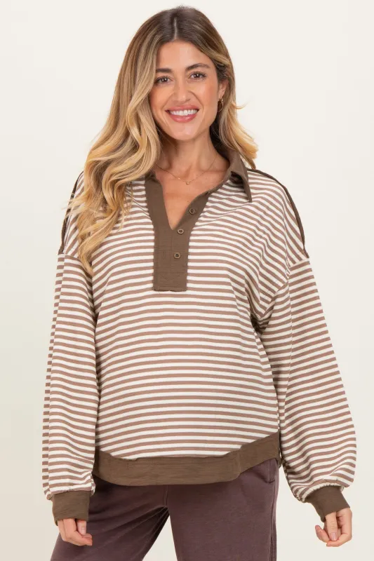 Mocha Striped Oversized Collared Pullover Maternity Top sold by Pinkblush