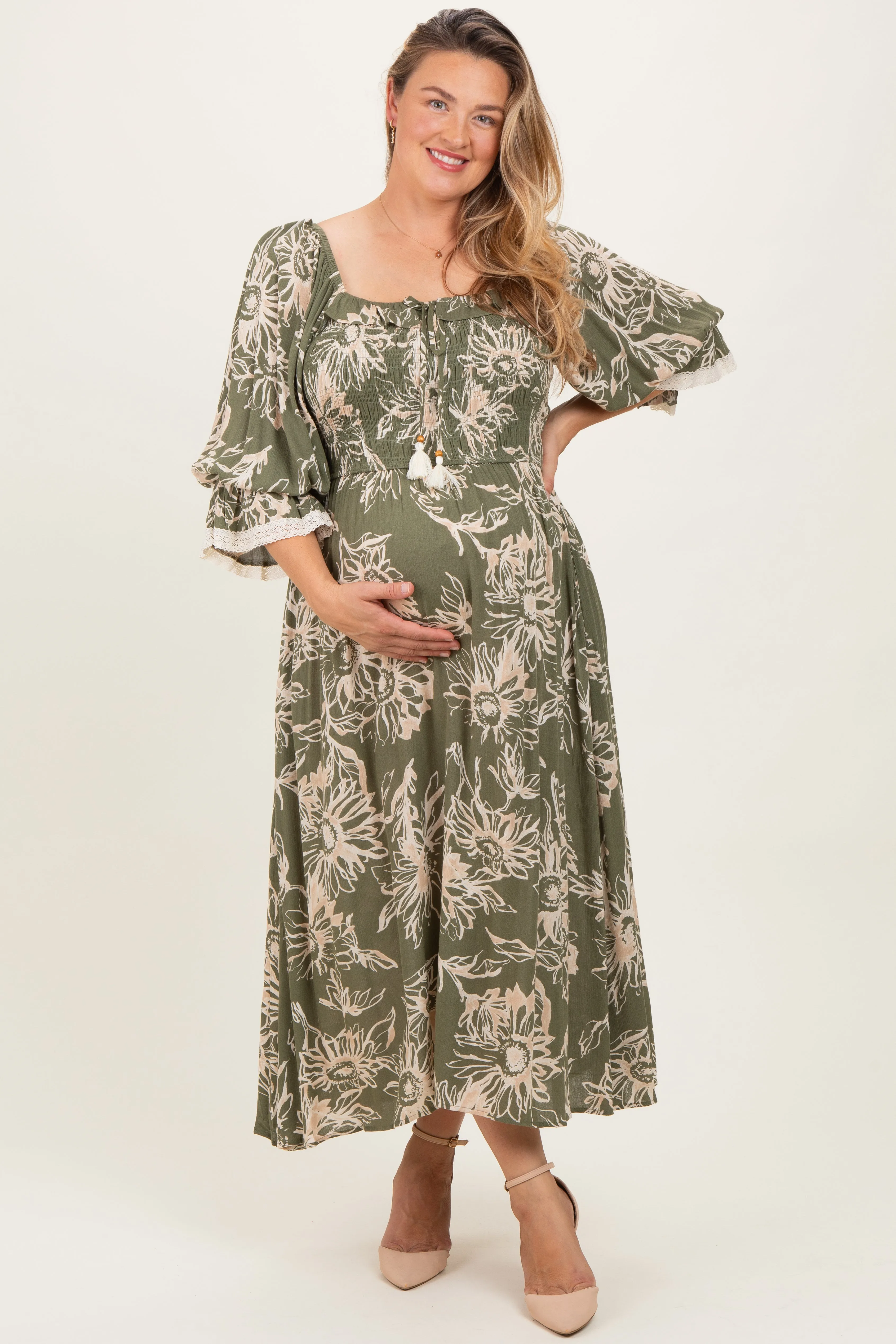 Olive Floral Smocked 3/4 Sleeve Maternity Plus Midi Dress sold by Pinkblush