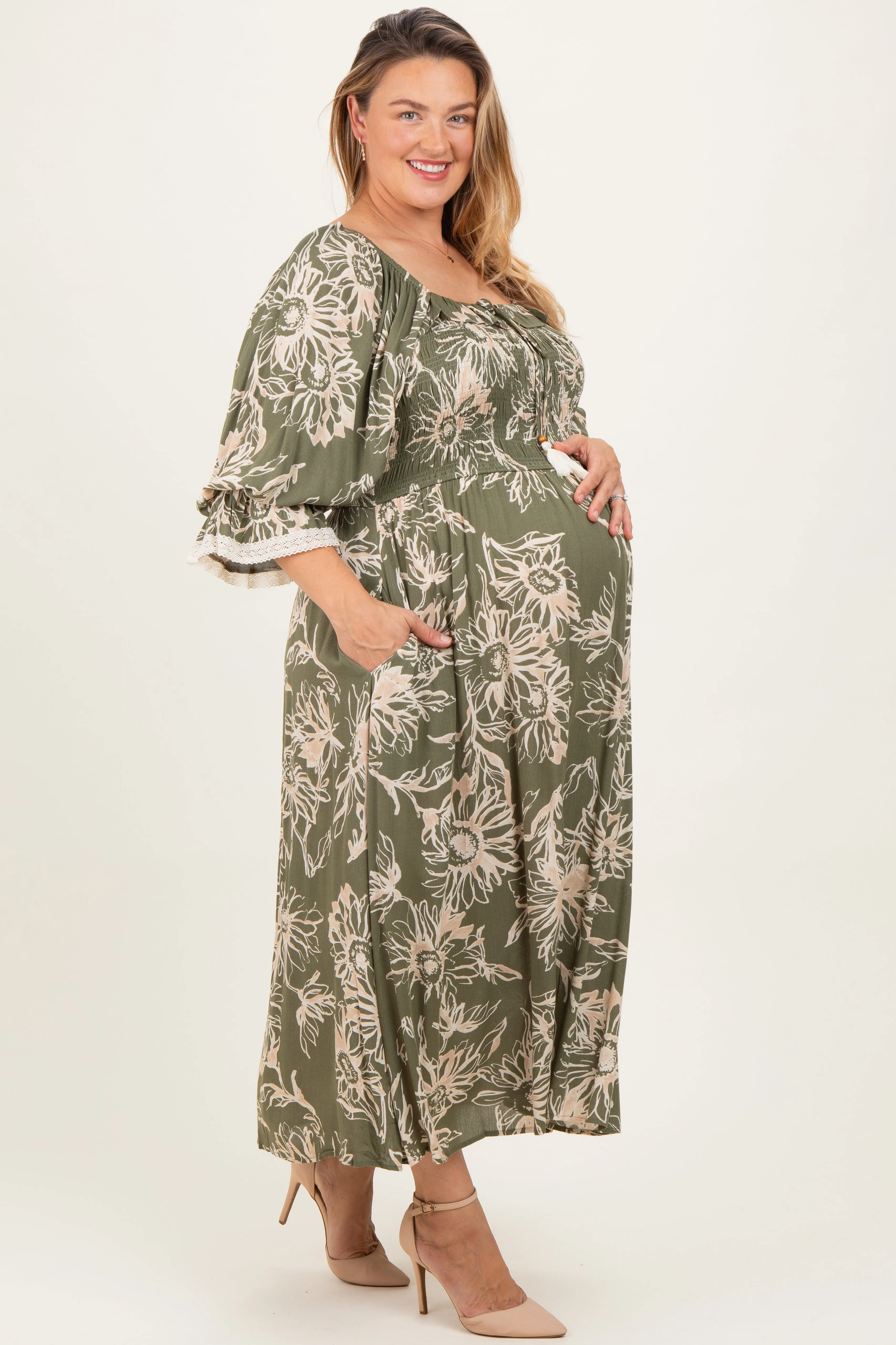 Olive Floral Smocked 3/4 Sleeve Maternity Plus Midi Dress sold by Pinkblush product image thumbnail 2