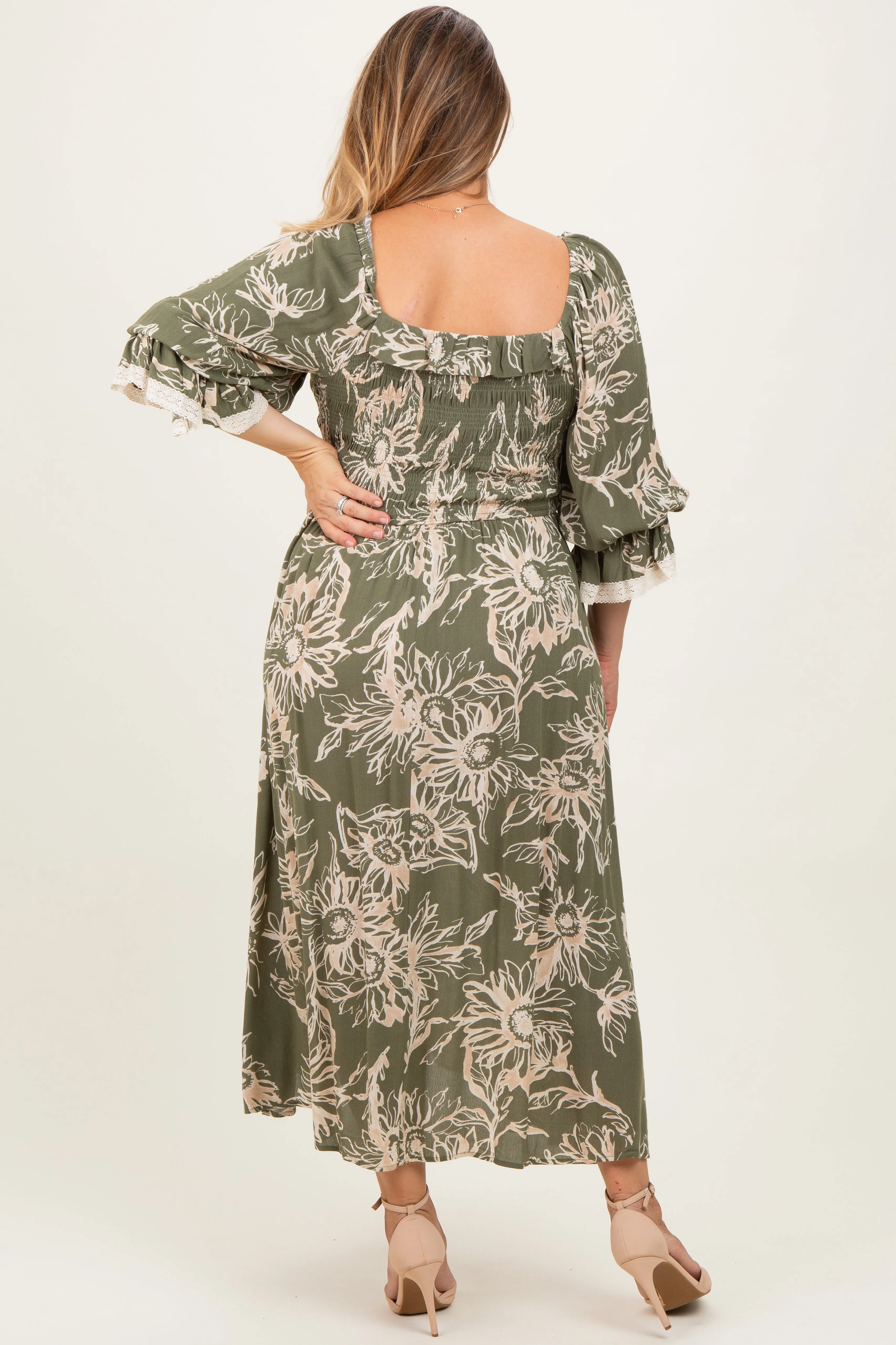 Olive Floral Smocked 3/4 Sleeve Maternity Plus Midi Dress sold by Pinkblush product image thumbnail 3