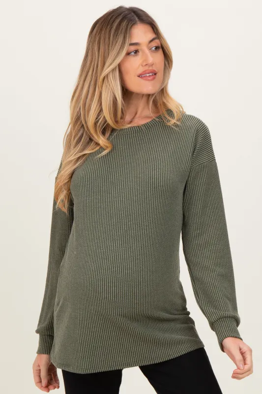 Olive Puff Sleeve Solid Ribbed Maternity Top sold by Pinkblush