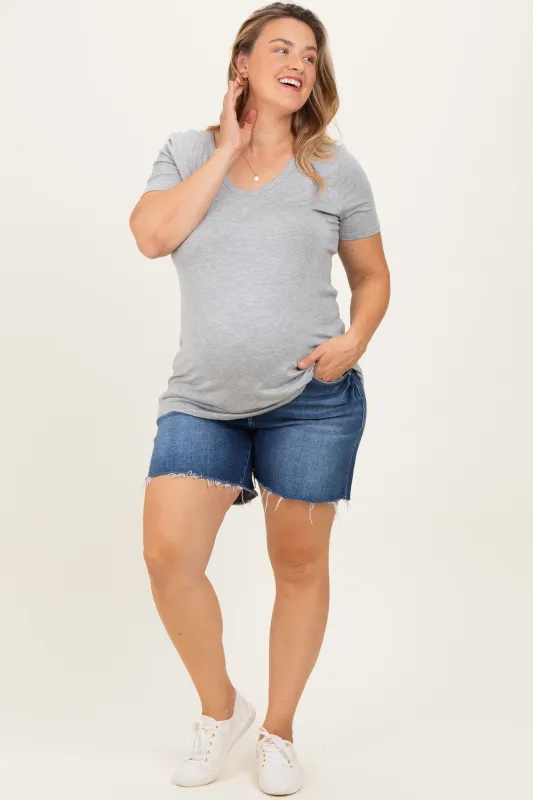 Navy Blue Raw Cut Hem Maternity Plus Denim Shorts sold by Pinkblush