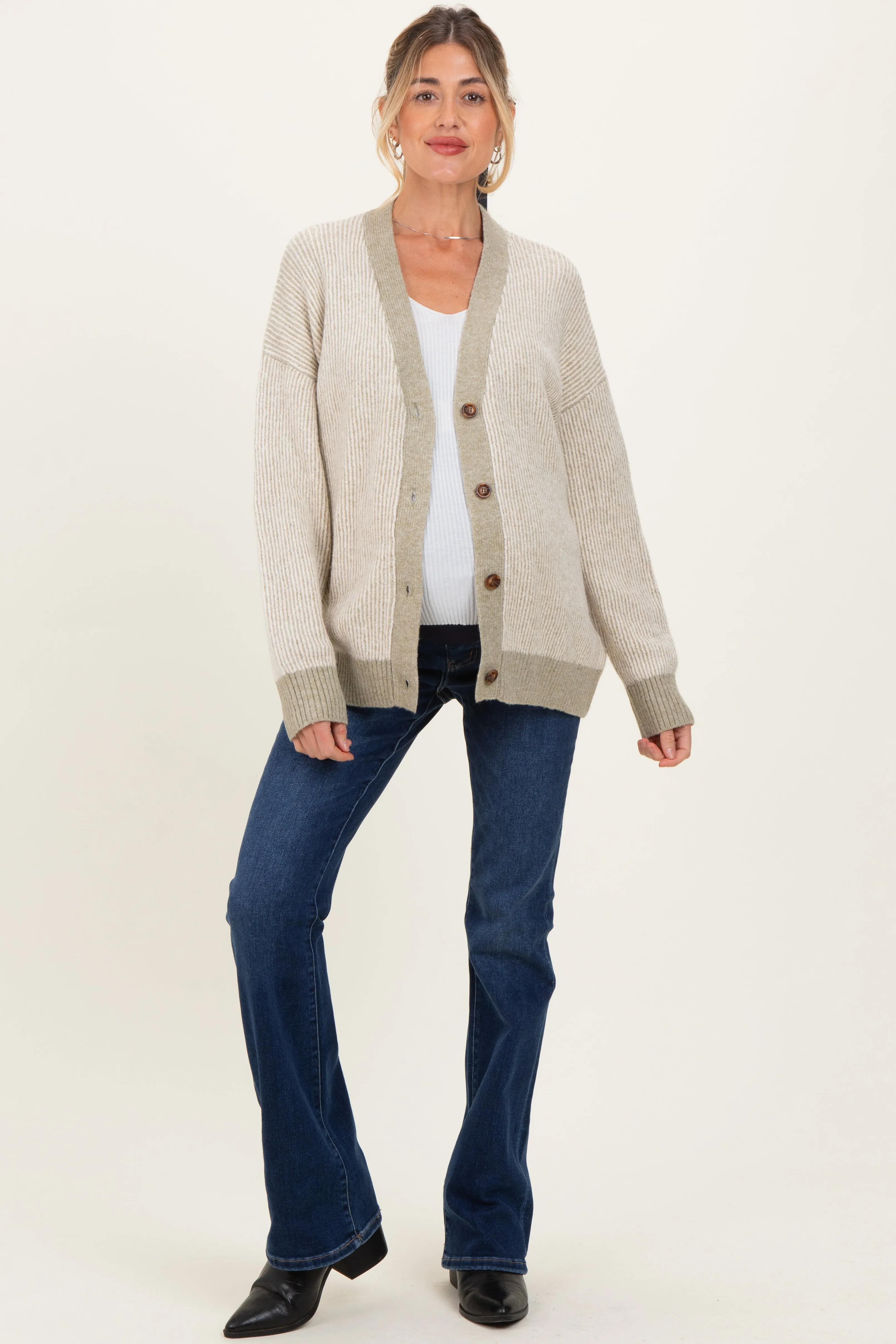 Light Olive Two-Tone Button-Down Maternity Cardigan sold by Pinkblush product image thumbnail 3