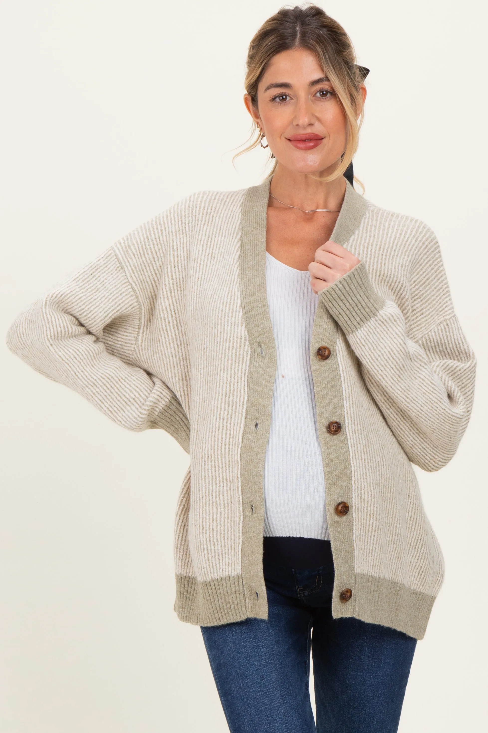 Light Olive Two-Tone Button-Down Maternity Cardigan sold by Pinkblush product image thumbnail 2