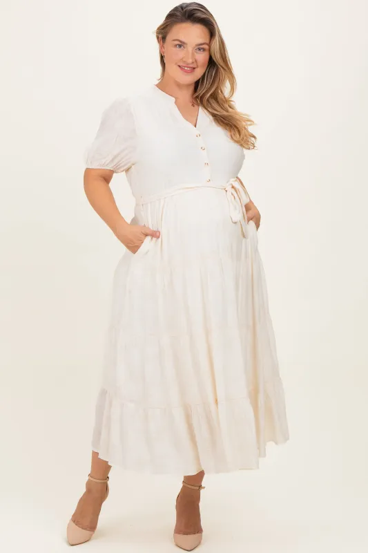 Cream Split Neckline Tiered Maternity Plus Midi Dress sold by Pinkblush