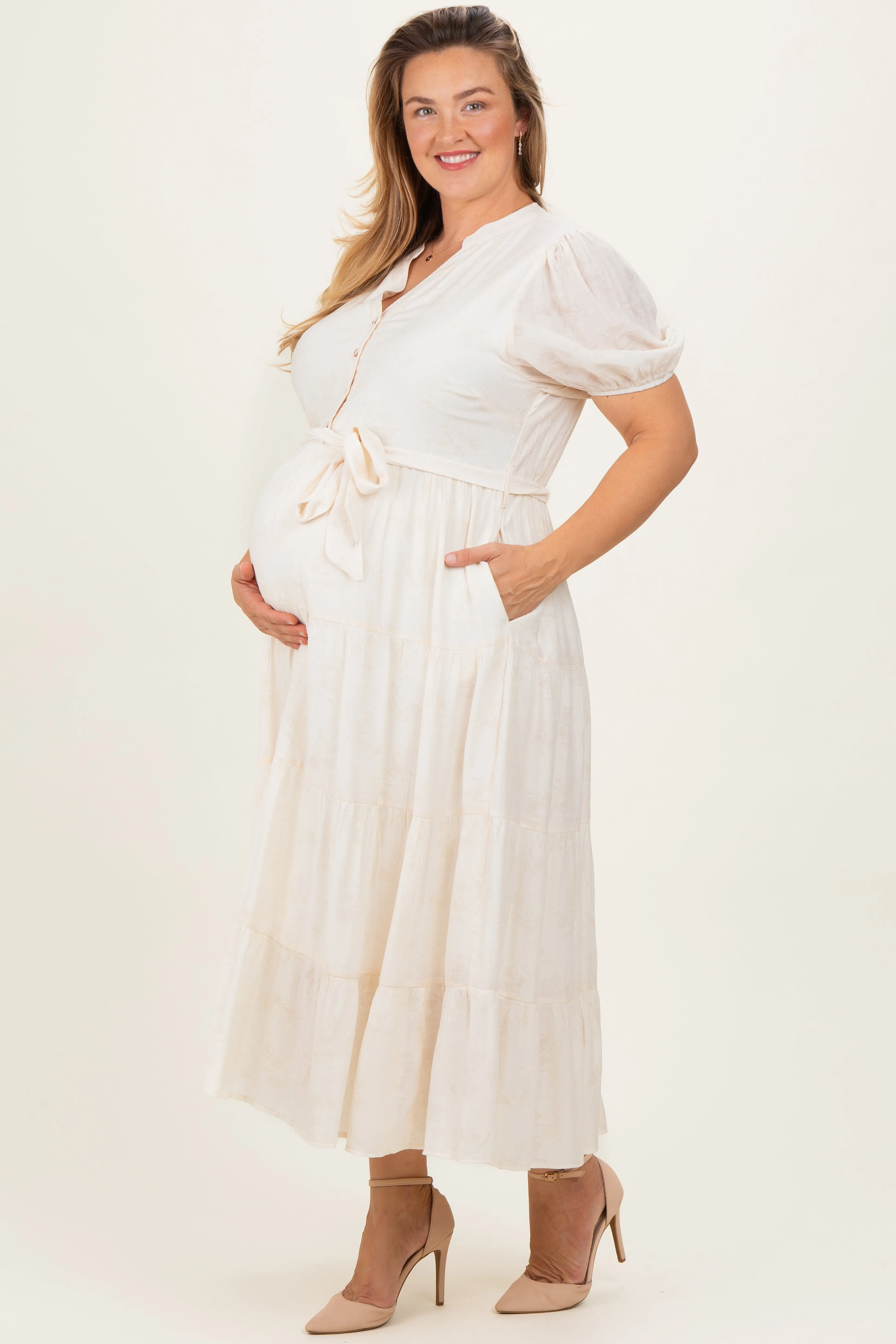 Cream Split Neckline Tiered Maternity Plus Midi Dress sold by Pinkblush product image thumbnail 2