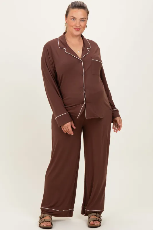 Brown Button Down Top Wide Leg Pant Maternity Plus Pajama Set sold by Pinkblush