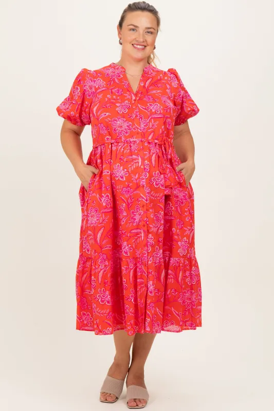 Red Floral Button Down Maternity Plus Midi Shirt Dress sold by Pinkblush