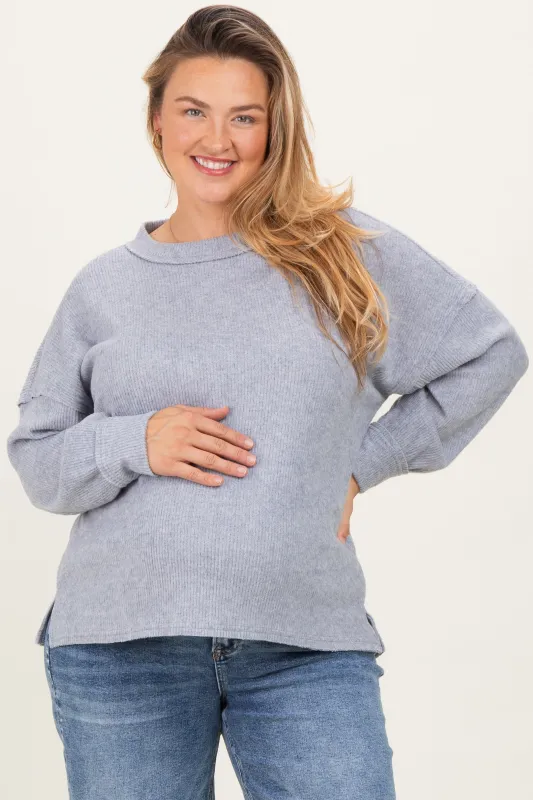 Heather Grey Brushed Ribbed Knit Maternity Plus Pullover sold by Pinkblush