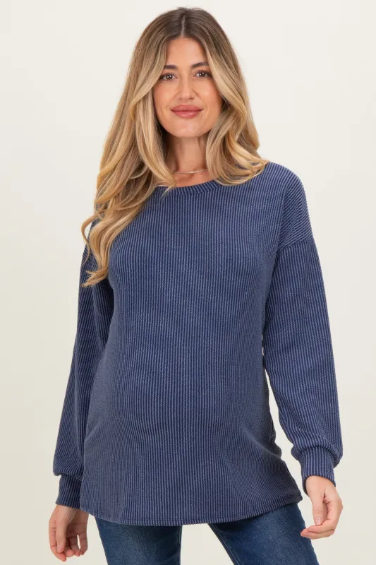 Navy Puff Sleeve Solid Ribbed Maternity Top sold by Pinkblush