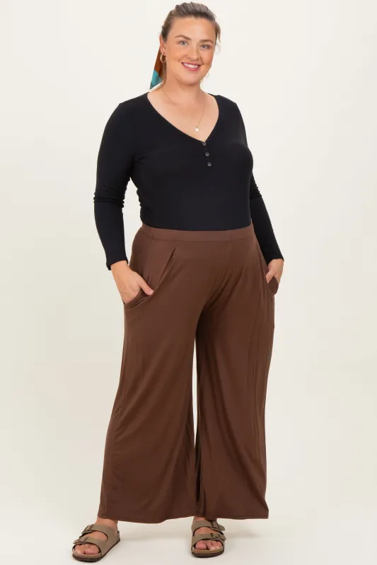 Brown Wide Leg Ankle Maternity Plus Lounge Pants sold by Pinkblush