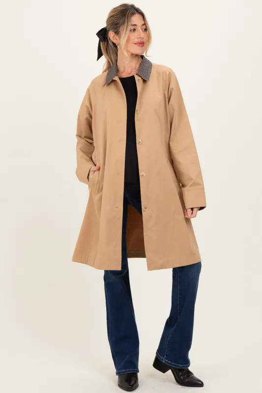 Camel Plaid Contrast A-Line Maternity Midi Trench Coat made by Le Lis