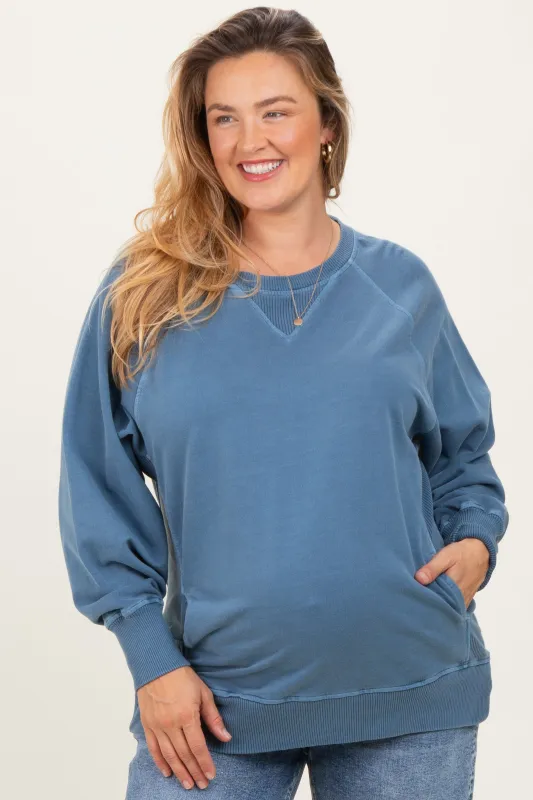 Blue Vintage Wash French Terry Maternity Plus Pullover sold by Pinkblush